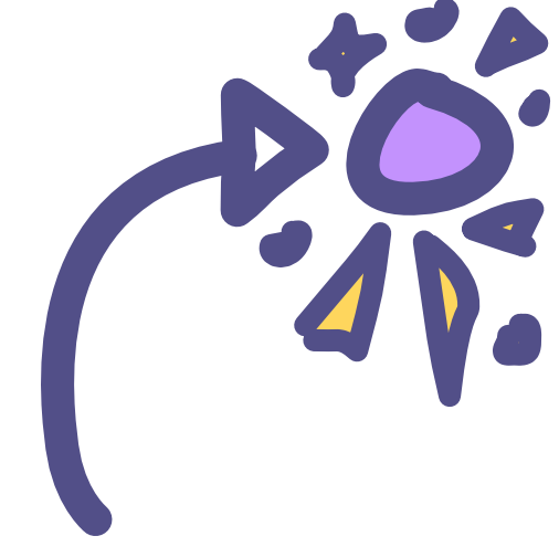 a purple circle with sparkles around it sits at the top of the image, a tall curved arrow points to it from the left.